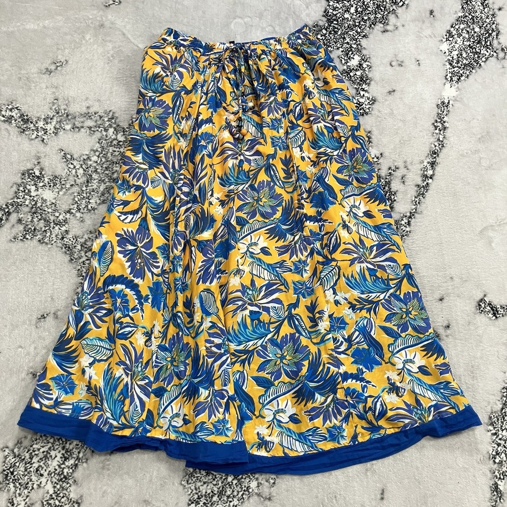 Ellen Weaver Tropical Floral Midi Skirt Yellow Blue Boho Drawstring Women's S